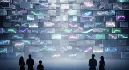 Futuristic digital data visualization with people observing interactive analytics and financial graphs on large screen wall