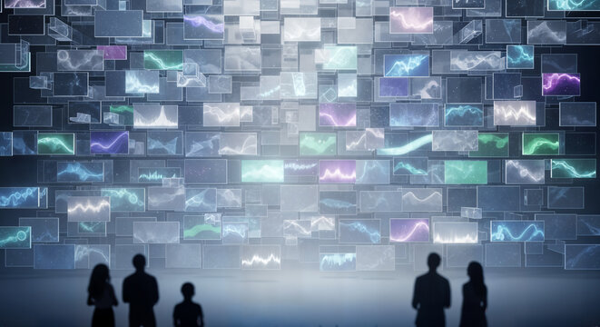 Futuristic digital data visualization with people observing interactive analytics and financial graphs on large screen wall