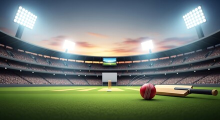 Cricket stadium with bat and ball on green grass field under bright spotlights at sunset.