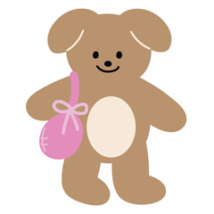 Illustration of puppy with pink bag for Christmas, new year, festive winter season, dog cartoon, pet shop, vet, adopt and rescue animal, foster home, standee, pet costume, accessory, sticker