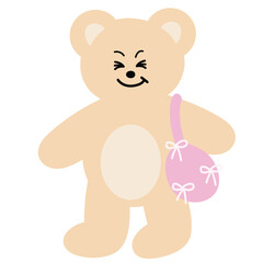 Fototapeta premium Illustration of teddy bear with pink bag for costume, accessory, Christmas, new year, festive winter season, cartoon character, comic, mascot, standee, sticker, patch, zoo, souvenir shop, expression