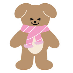 Illustration of puppy with winter pink scarf for Christmas, new year, festive winter season, dog cartoon, pet shop, vet, adopt and rescue animal, foster home, standee, pet costume, accessory, sticker