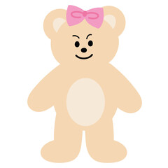 Illustration of teddy bear with pink bow for costume, accessory, Christmas, new year, festive winter season, cartoon character, comic, mascot, standee, sticker, patch, zoo, souvenir shop, expression
