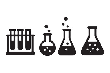 Black silhouette of laboratory glassware including test tubes and flasks with bubbling liquid isolated on white background