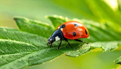 Naklejka premium Ladybug on vibrant green leaf