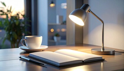 Minimalist modern desk with LED lamp, open notebook and coffee cup in cozy study atmosphere.