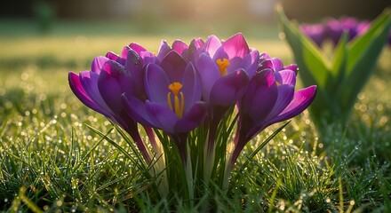 Closeup of Purple Crocus Flowers in Morning Dew.