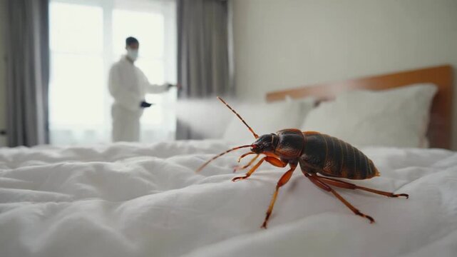 Pest Control in the Home: A stark image of a cockroach on a bed, while a professional pest controller addresses the infestation with a spray, offering a sense of unease and vigilance.