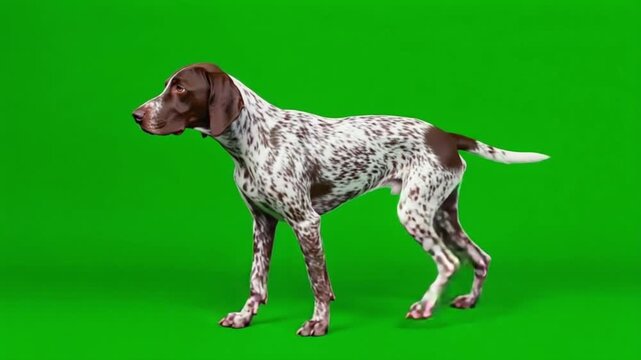 Brown and white german shorthaired pointer dog standing against a green screen backdrop image animal green screen video