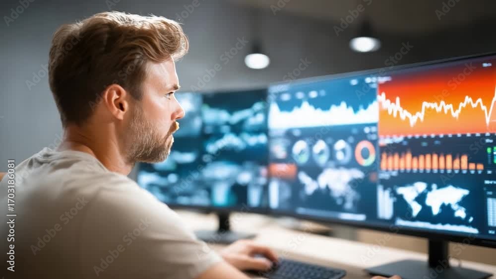 Poster data analyst at work: an analyst engrossed in data analysis, surrounded by multiple computer screens