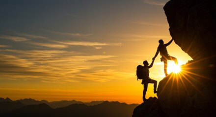 Silhouette of Two Rock Climbers Ascending a Mountain Cliff During a Golden Hour Sunset, Teamwork and Overcoming Challenges Concept