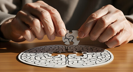 Close Up of Hands Completing Brain Puzzle on Wooden Table in Soft Lighting