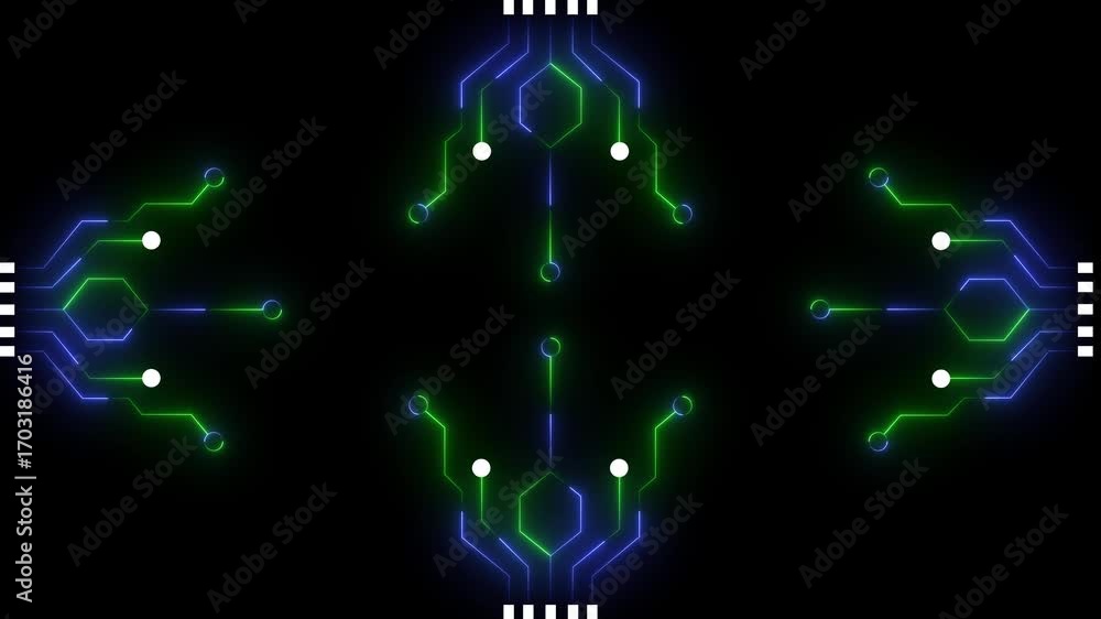 Poster futuristic digital circuit board animation with glowing blue and green neon lines and nodes on a bla