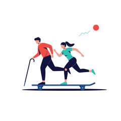 Obraz premium Active aging and intergenerational fun with skateboarding and walking together