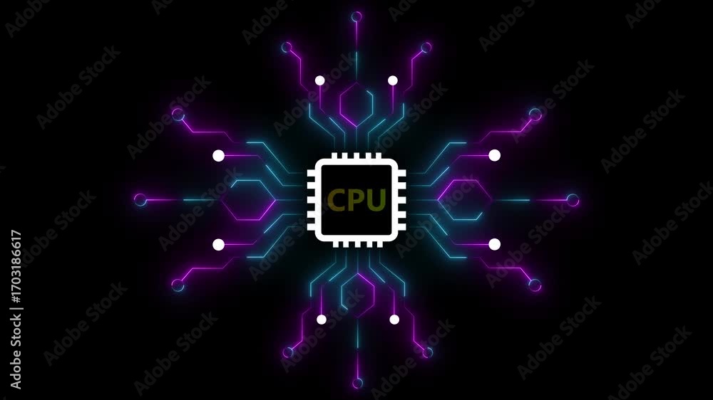 Aufkleber futuristic central processing unit cpu with glowing neon circuitry and data flow animation on a dark