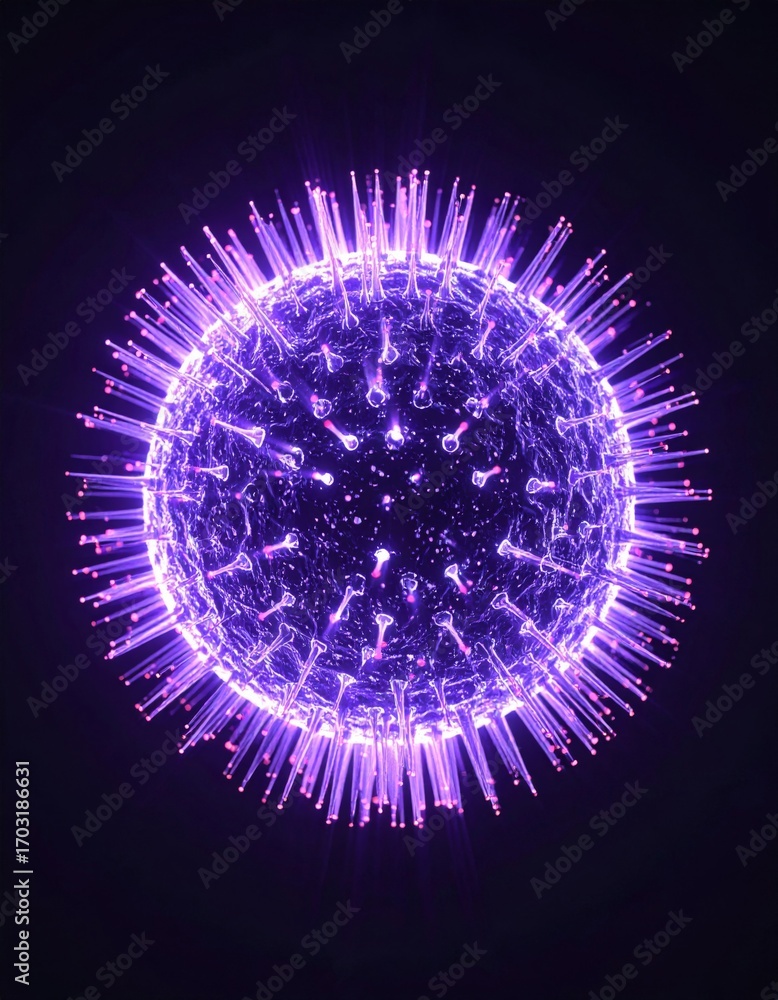 Poster abstract purple glowing sphere with sharp protrusions on a dark background