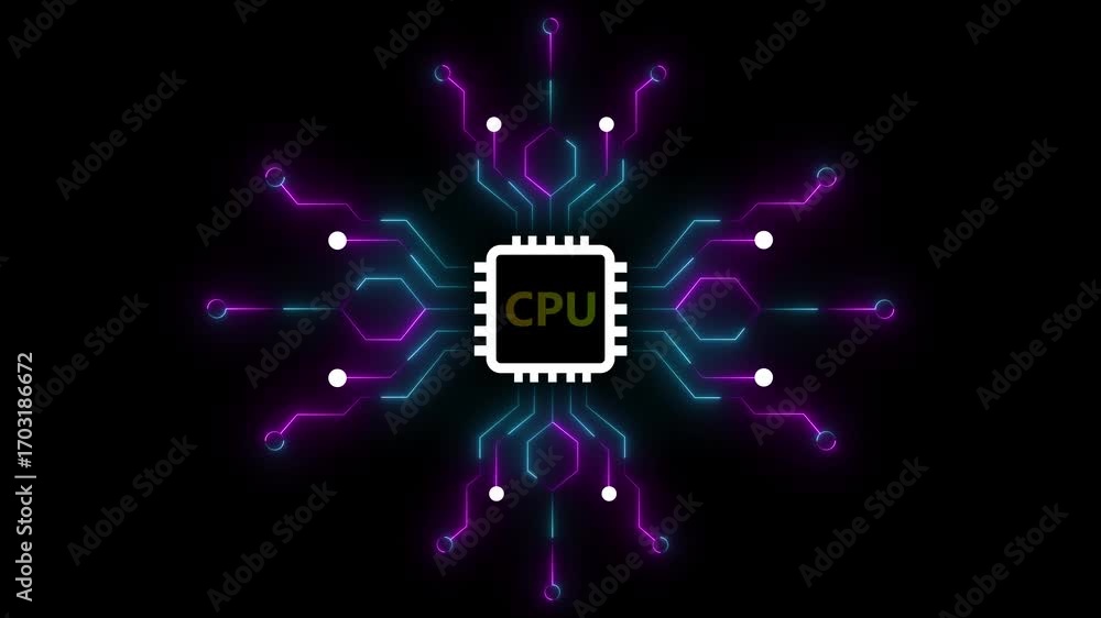 Poster futuristic cpu circuit board animation with neon blue and purple lights on a black background repres