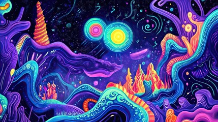 Generate an abstract digital art piece featuring neon waves and vibrant colors, with swirling patterns that resemble psychedelic designs