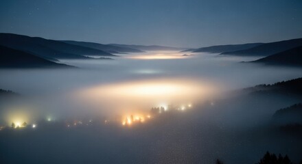 Fototapeta premium A serene valley shrouded in thick fog, illuminated by the warm glow of distant village lights at dusk.