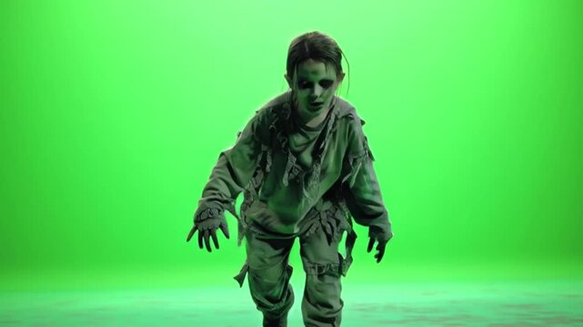 Spooky zombie kid walking towards the camera on green screen for Halloween or horror themed project