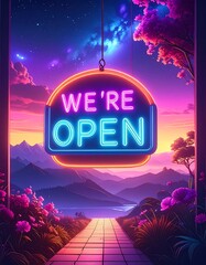 Neon sign "We're Open" over a path