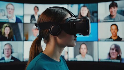 Virtual Reality in Business: A woman experiencing the immersive world of a virtual meeting, connected to colleagues, showcasing the future of business communication. - Powered by Adobe
