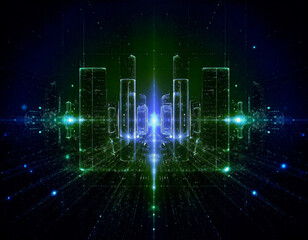 Fototapeta premium ミニマルな都市構造の線画の背後に、ノイズで形作られた幻影のようなもう一つの街が微かに揺れている都市の輪郭に宿るアブストラクトな風景描写