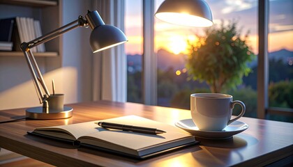Minimalist modern desk setup with LED lamp, closed journal, and coffee cup in bright study room.