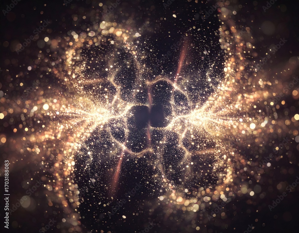 Poster golden glittering particle swirls with bokeh effect on dark background