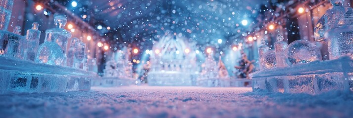 Beautiful winter wonderland scene featuring ice sculptures, snowflakes, and twinkling lights creating a magical atmosphere