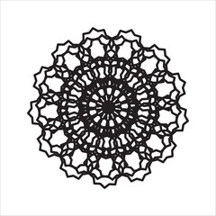 Intricate black and white circular mandala ornament with symmetrical details. A geometric lace pattern for decorative design and spiritual concepts