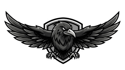Obraz premium Grayscale Raven Bird Mascot Logo Illustration with Outstretched Wings and a Protective Shield