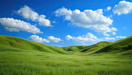 Obraz premium Green, grassy hills with a blue sky and white clouds, a desktop wallpaper 