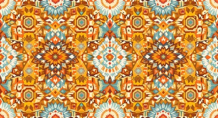 Intricate Orange and Teal Geometric Textile Design.