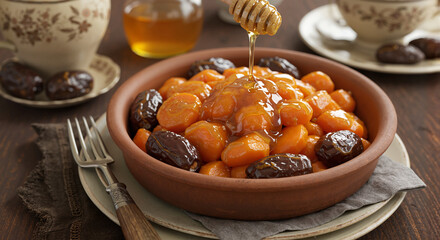 Delicious traditional dessert with honey and dates in clay bowl  