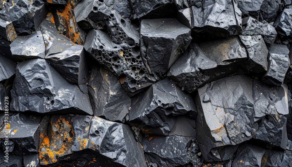 Aufkleber close up of black basalt rock formations hexagonal columns texture background