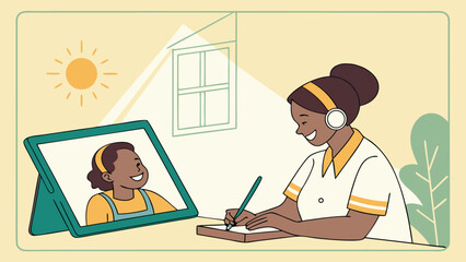 Woman and child engaged in online learning session at home.