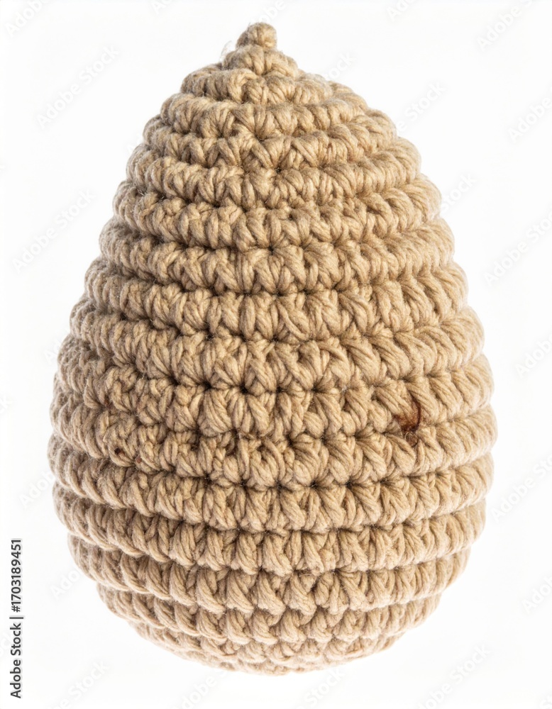 Poster close up of a knitted brown acorn on white background with woven texture and rustic style