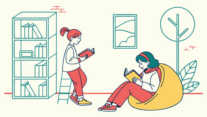 Two young women enjoying reading books in a cozy indoor setting.