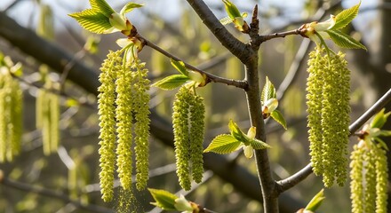 Obraz premium Closeup of Yellow Poplar Catkins Hanging from Branches.