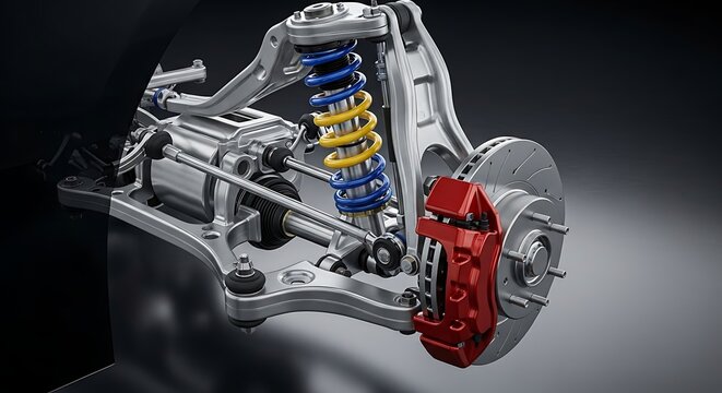 Detailed view of a modern cars suspension system, showcasing the intricate engineering of the shock absorber, brake caliper, and various components.
