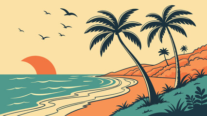 Tropical Beach Scene with Palm Trees and Sunset Illustration.