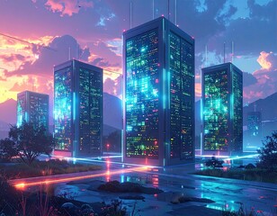 Futuristic Cityscape at Sunset with Illuminated Towers