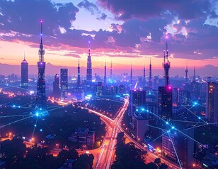 Futuristic Cityscape at Sunset with Illuminated Towers and Traffic
