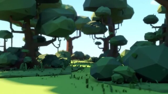 Low-poly stylized forest scene with large trees and rocks, bright sunlight.