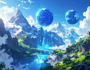 Futuristic Cityscape in Mountain Valley with Glowing Blue Spheres