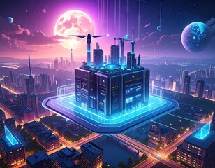 Futuristic Cityscape on a Microchip at Night
