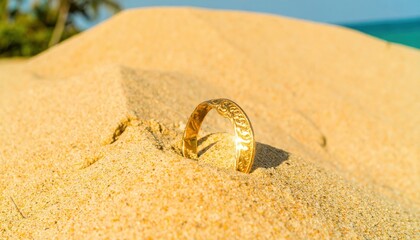 Golden Ring Half-Buried in Beach Sand Highlighting Coastal Serenity
