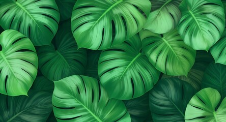 Fototapeta premium Lush Green Monstera Plant Leaves Background.
