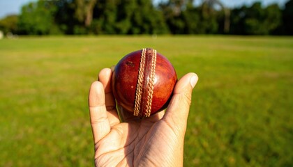 Hand Holding a Vintage Cricket Ball Against a Green Field Background
